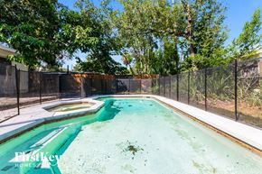 Winter Park house for rent - A pool surrounded by a black fence and trees.