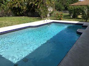 Wellington house for rent - A small rectangular pool with a white coping and a blue tiled border.