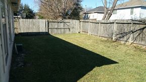 Houston house for rent - A backyard with a wooden fence and a shadow of a tree on the grass.