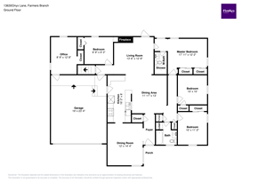 Farmers Branch house for rent - A floor plan of a house with a garage, office, and three bedrooms.