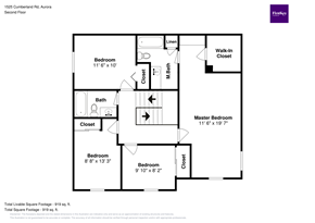 Aurora house for rent - A floor plan for a home with a total living space of 919 square feet.