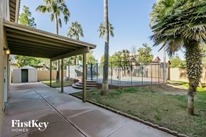 Goodyear house for rent - a backyard with a pool and a fence and palm trees