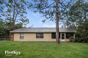 Palm Bay house for rent - A house with a brown roof and a white door is surrounded by trees.