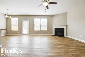 Mcdonough house for rent - an empty living room with a fireplace and a ceiling fan