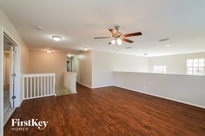 Tampa house for rent - the living room and dining room with wood flooring and a ceiling fan