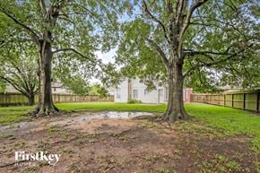 Katy house for rent - a backyard with trees and a puddle of water