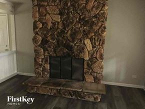 Richton Park house for rent - A stone fireplace with a black screen in the middle.