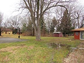 Indianapolis house for rent - A basketball court is surrounded by trees and a small puddle of water.