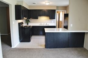 Brownsburg house for rent - a kitchen with black cabinets and a white counter top
