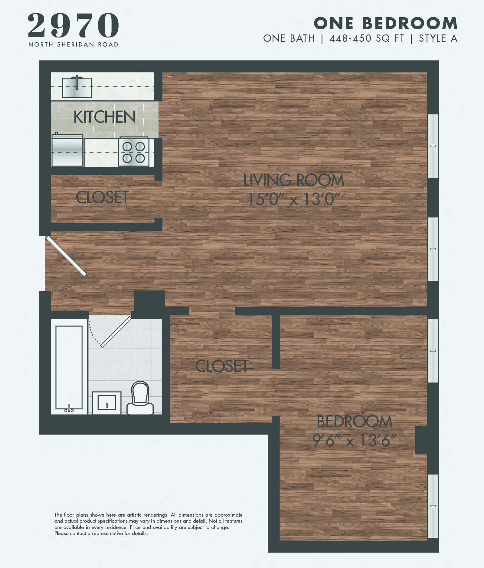 Floor plan for 1 bed, 1 bath, 448 sqft