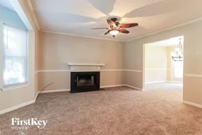 Acworth house for rent - a living room with a fireplace and a ceiling fan