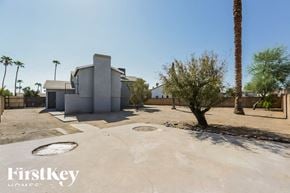 Phoenix house for rent - A deserted courtyard with a palm tree and a building in the background.