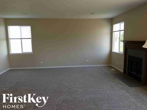 Mchenry house for rent - A spacious living room with a fireplace and two windows.