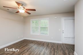 Gainesville house for rent - the spacious living room with a ceiling fan and wood flooring