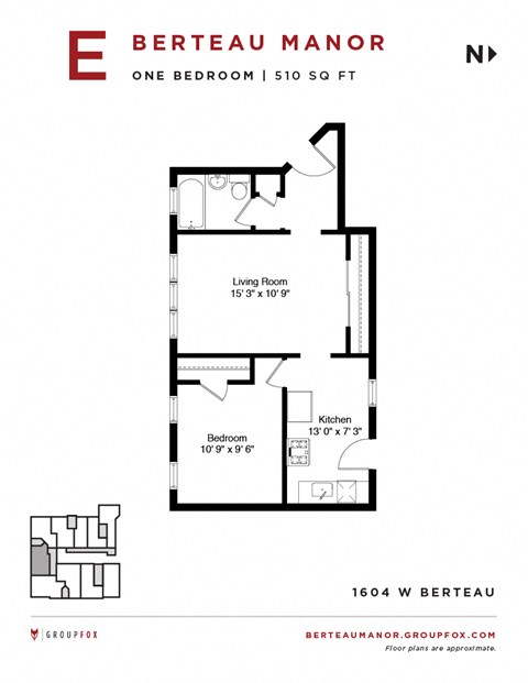 Floor plan for 1 bed, 1 bath, 510 sqft