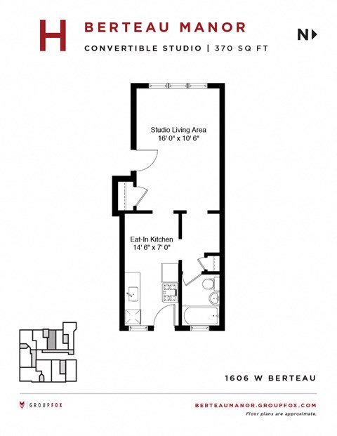 Floor plan for studio, 1 bath, 420 sqft