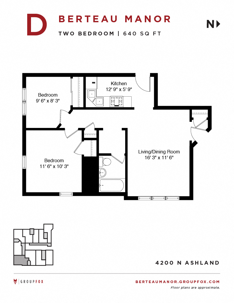 Floor plan for 2 beds, 1 bath, 725 sqft