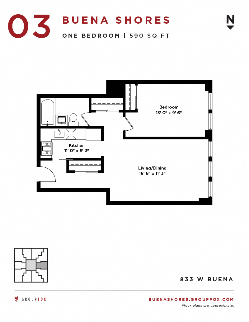 Floor plan for 1 bed, 1 bath, 525 sqft