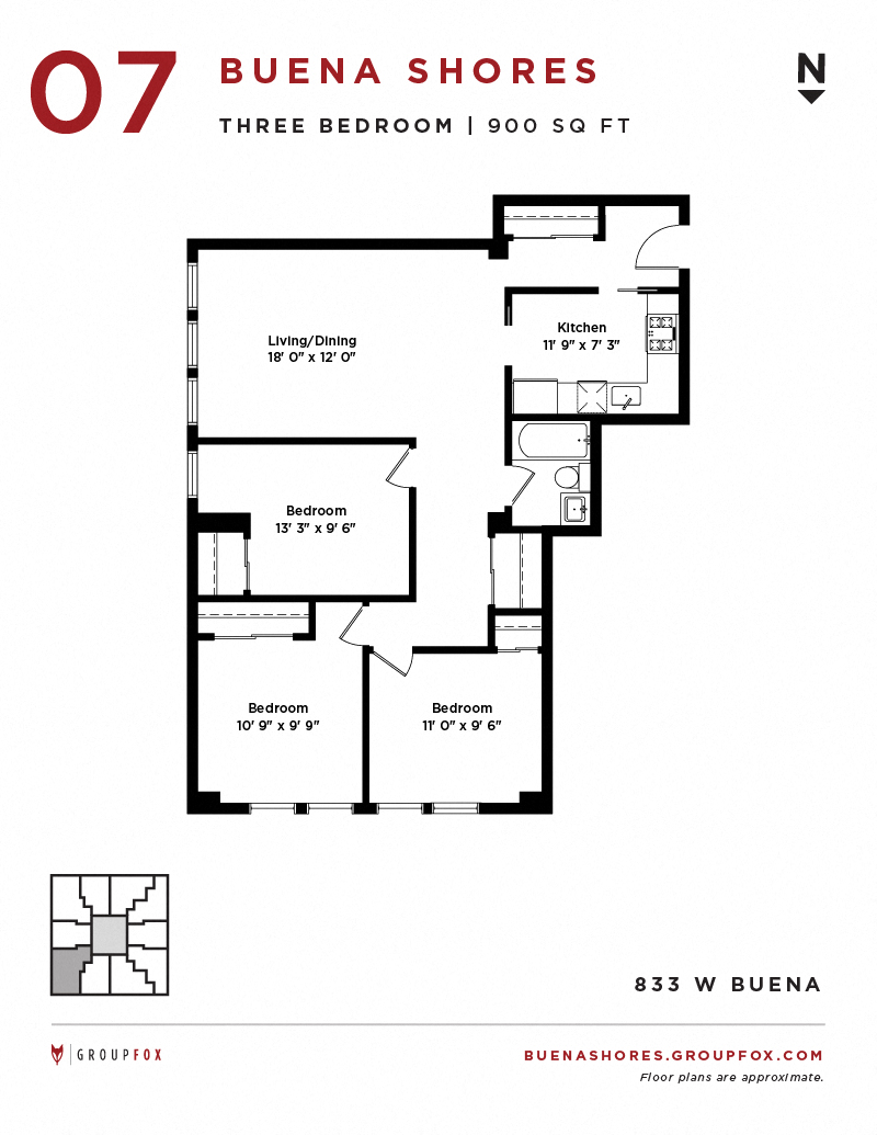 Floor plan for 3 beds, 1 bath, 700 sqft