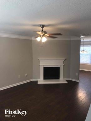 Lithonia house for rent - a living room with a fireplace and a ceiling fan