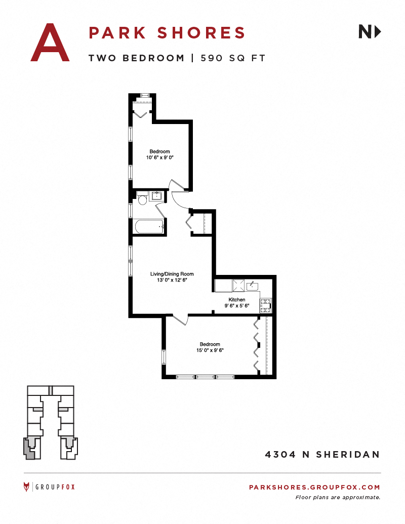 Floor plan for 2 beds, 1 bath, 770 sqft