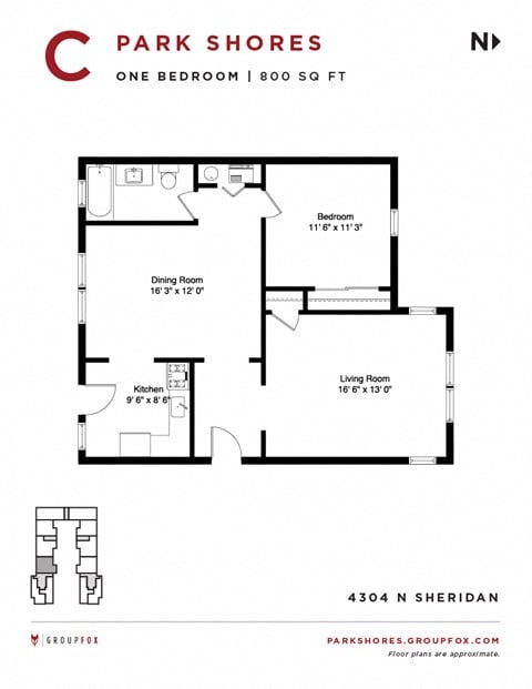 Floor plan for 1 bed, 1 bath, 720 sqft