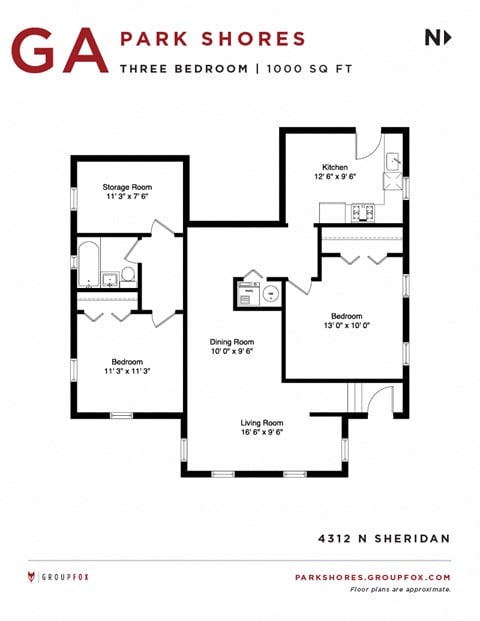 Floor plan for 3 beds, 1 bath, 1000 sqft