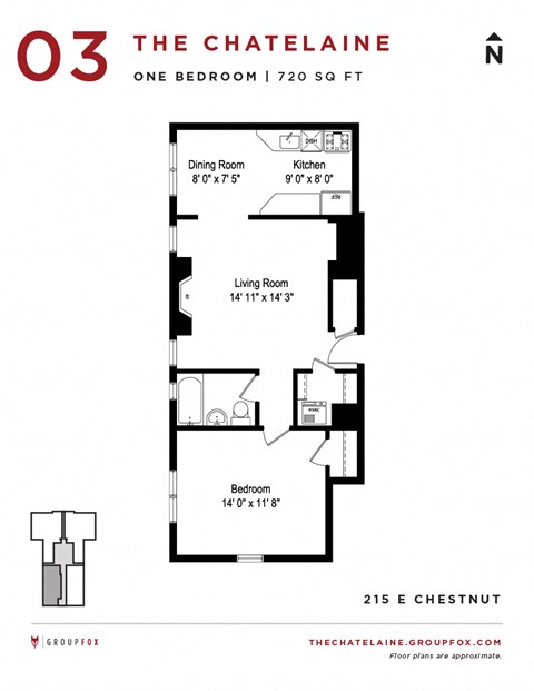 Floor plan for 1 bed, 1 bath, 725 sqft