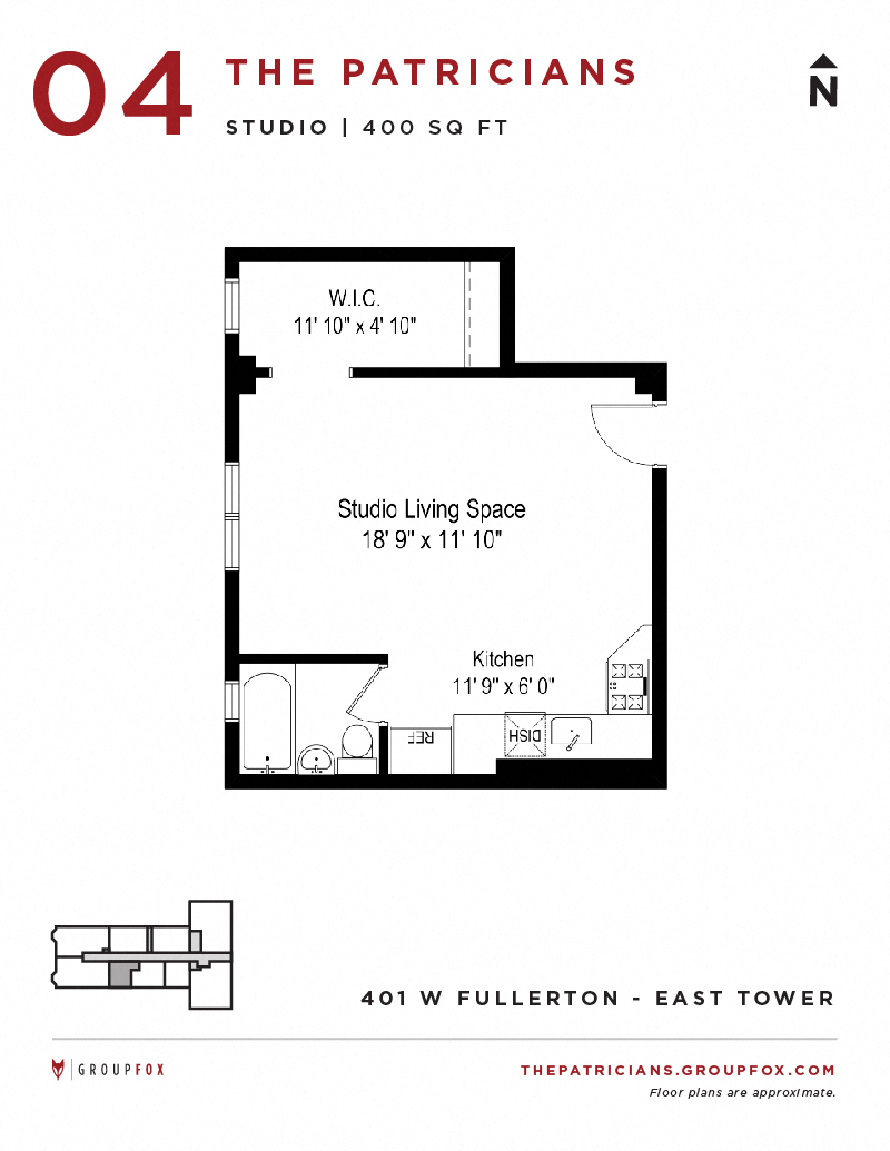 Floor plan for studio, 1 bath, 437 sqft