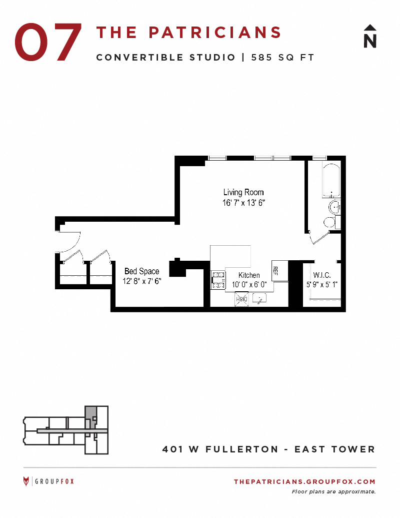 Floor plan for studio, 1 bath, 692 sqft