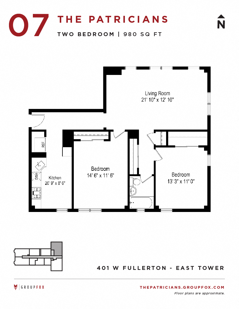 Floor plan for 2 beds, 1 bath, 868 sqft
