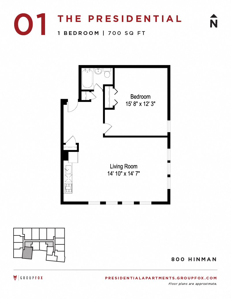 Floor plan for 1 bed, 1 bath, 675 sqft