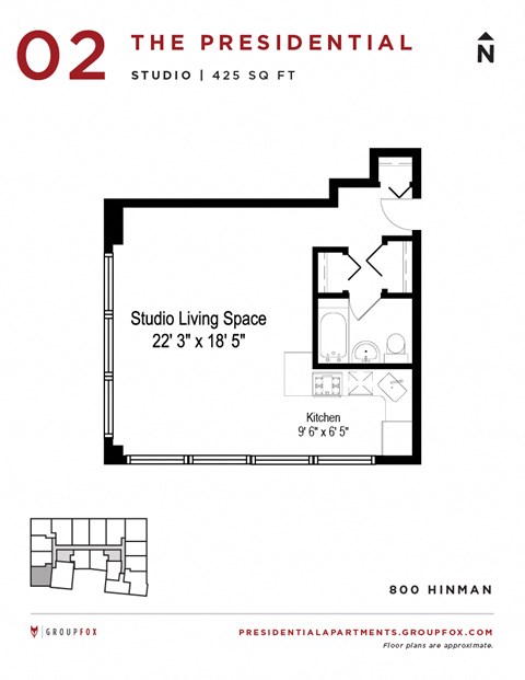 Floor plan for studio, 1 bath, 475 sqft