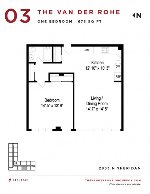Floor plan for 1 bed, 1 bath, 690 sqft