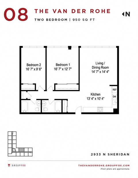 Floor plan for 2 beds, 2 baths, 1065 sqft