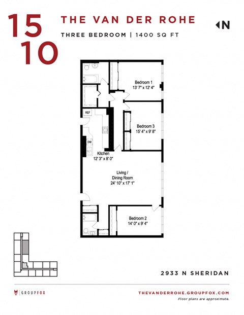 Floor plan for 3 beds, 2 baths, 1380 sqft