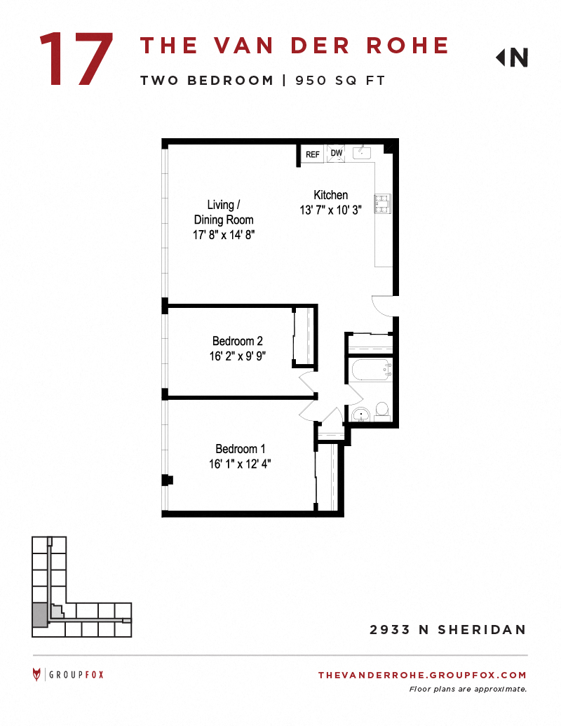Floor plan for 2 beds, 1 bath, 790 sqft