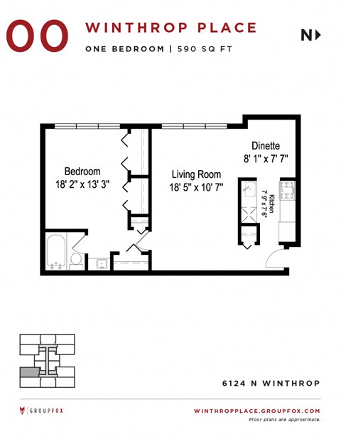 Floor plan for 1 bed, 1 bath, 540 sqft