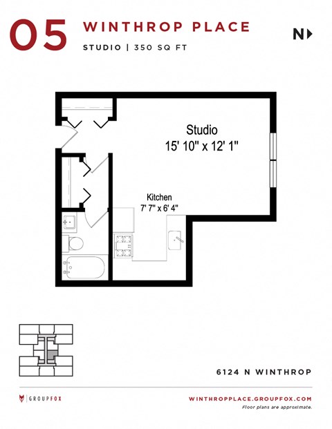 Floor plan for studio, 1 bath, 400 sqft