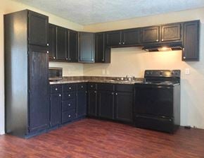 Indianapolis house for rent - an empty kitchen with black cabinets and a wood floor