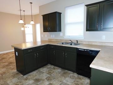 Cordova house for rent - A kitchen with black cabinets and a stone floor.