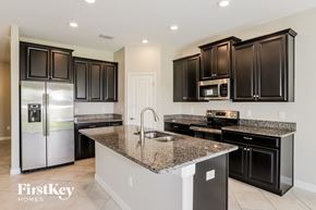 Ruskin house for rent - a kitchen with black cabinets and granite counter tops and stainless steel appliances