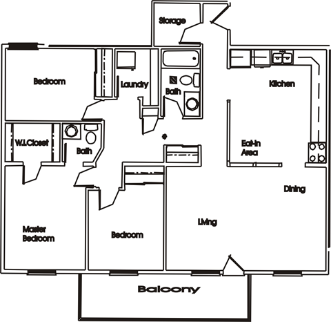 Floor plan for 3 beds, 2 baths, 1280 sqft