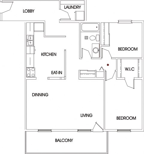 Floor plan for 2 beds, 1 bath, 1052 sqft