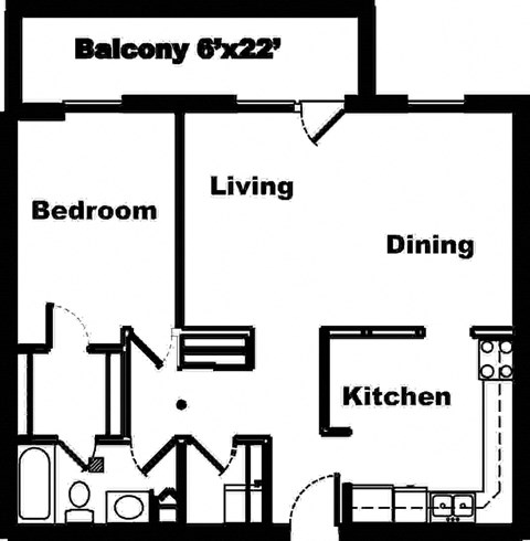 Floor plan for 1 bed, 1 bath, 850 sqft