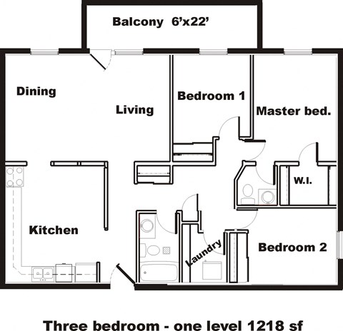 Floor plan for 3 beds, 1.5 baths, 1218 sqft