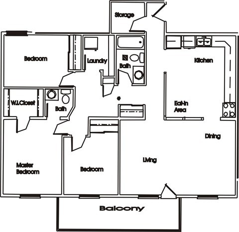 Floor plan for 3 beds, 1.5 baths, 1290 sqft