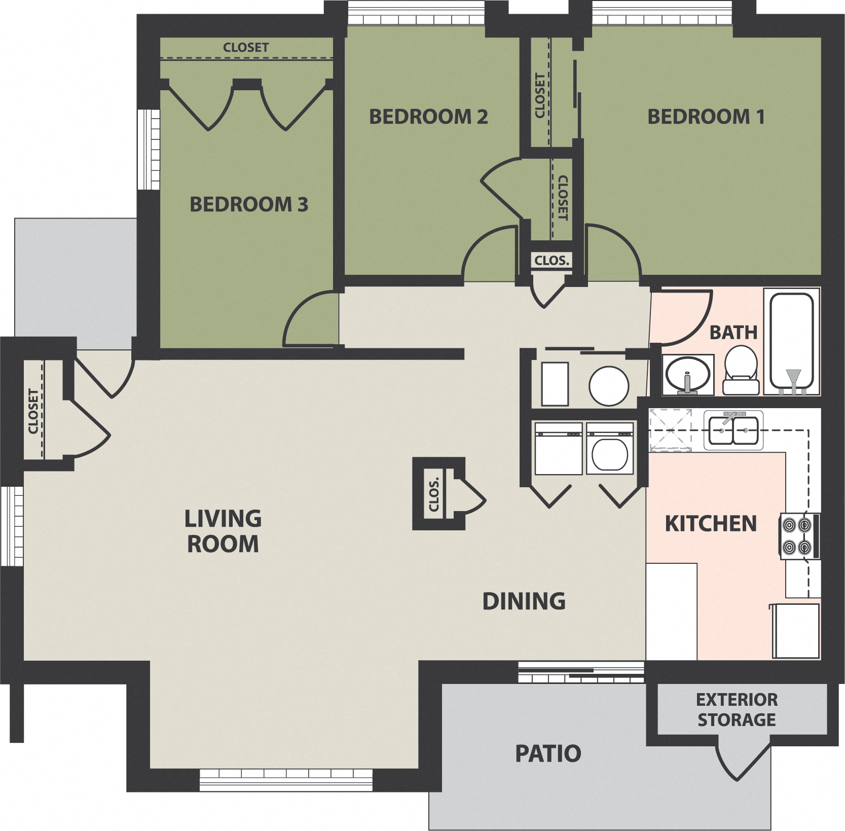 Floor plan for 3 beds, 1 bath