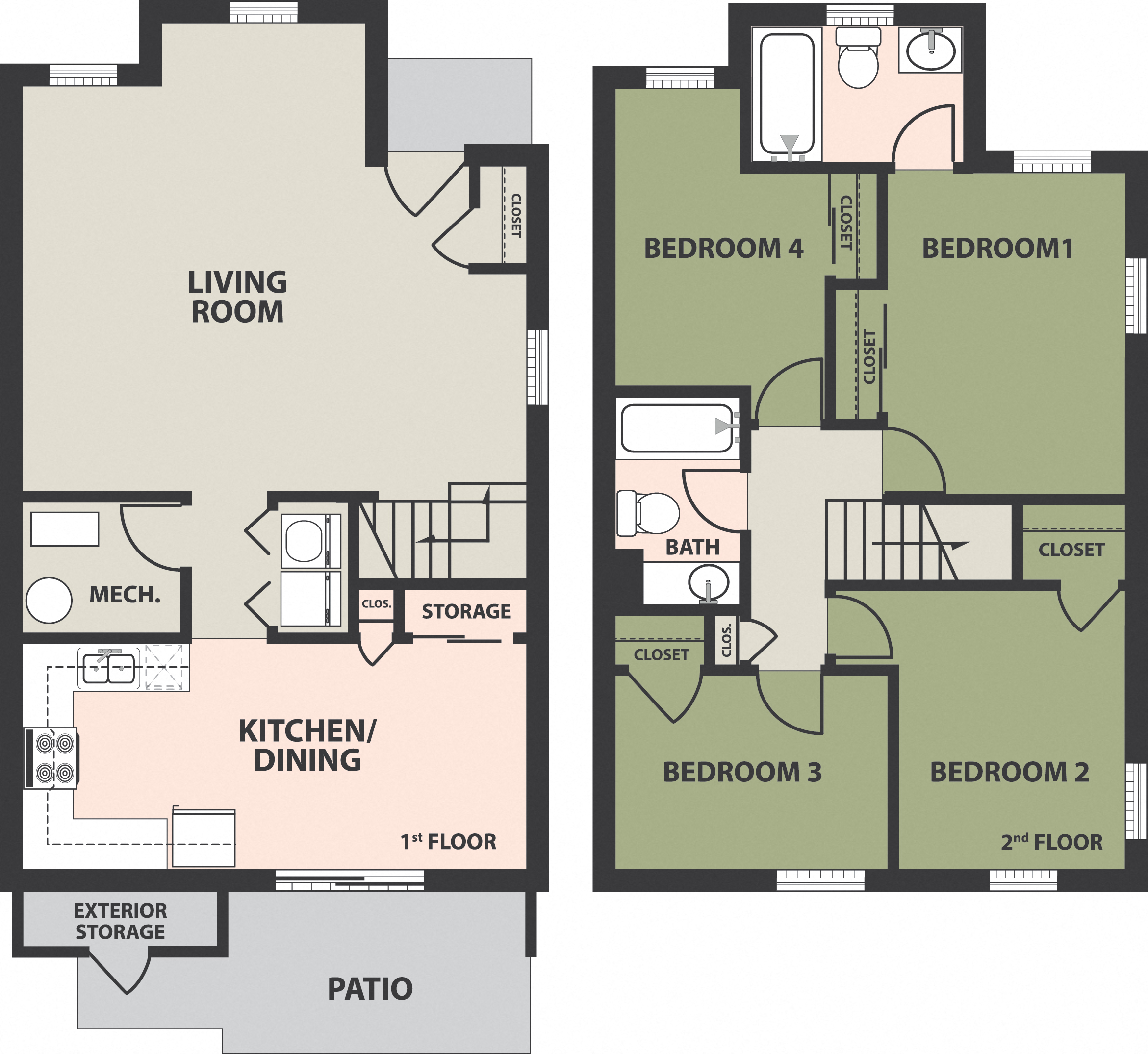Floor plan for 4 beds, 2 baths