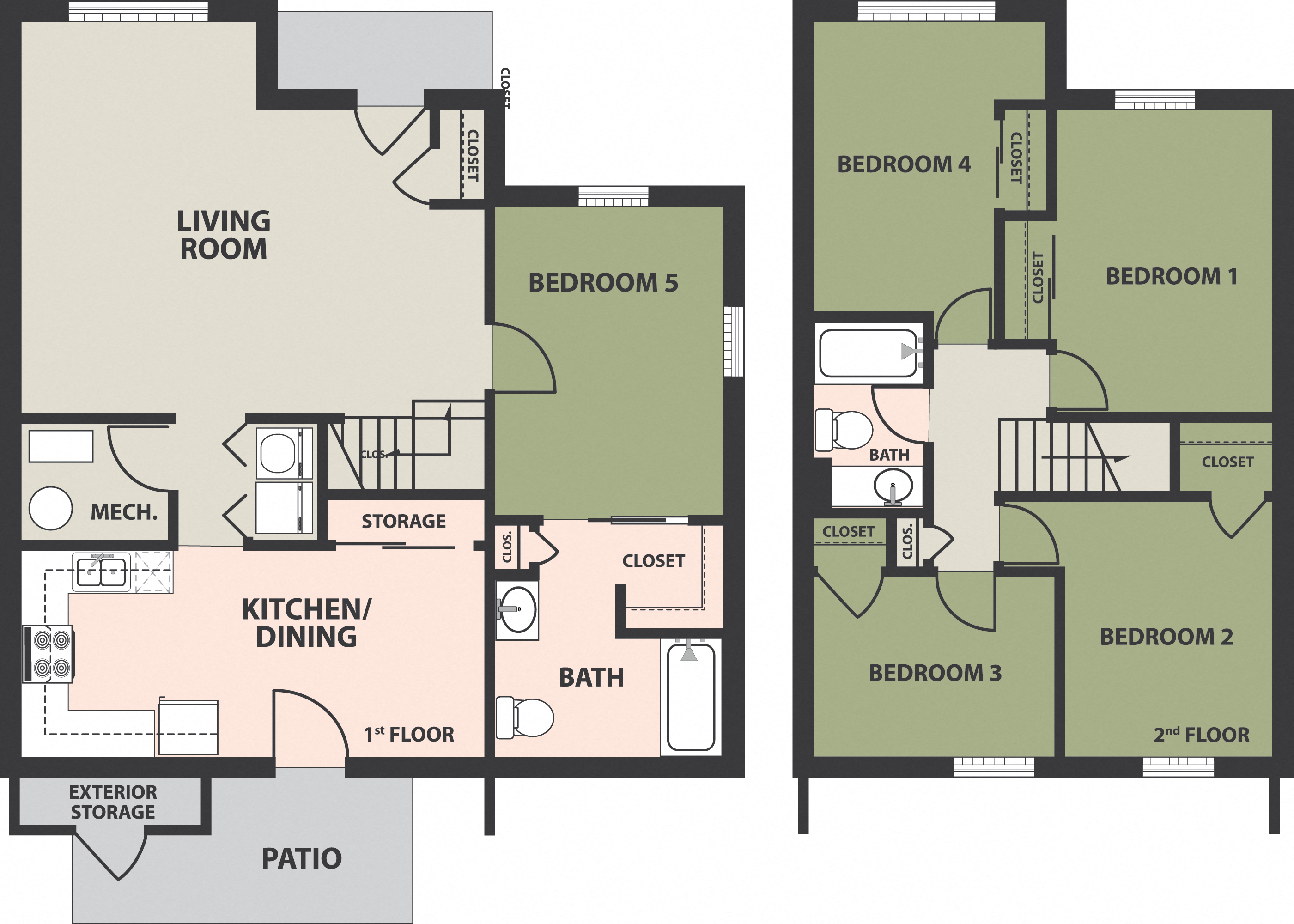 Floor plan for 5 beds, 2 baths